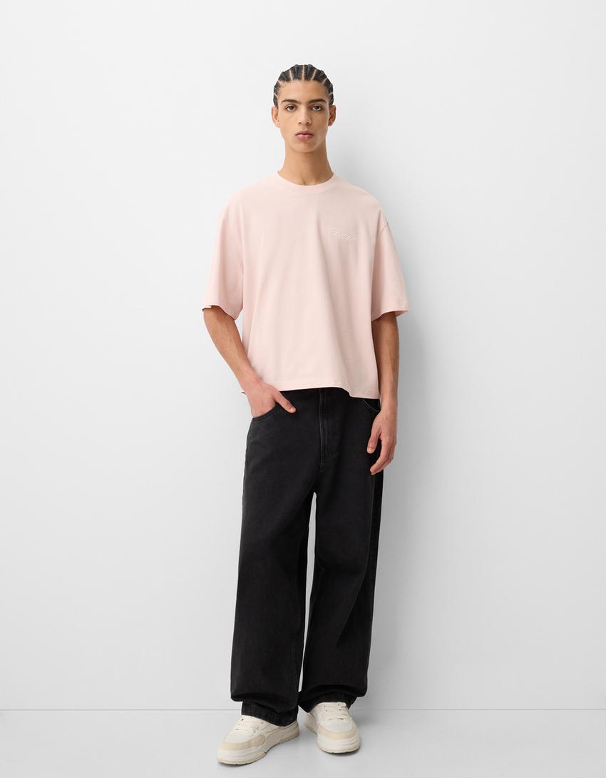 Short sleeve cropped piqué T-shirt-Pink-3