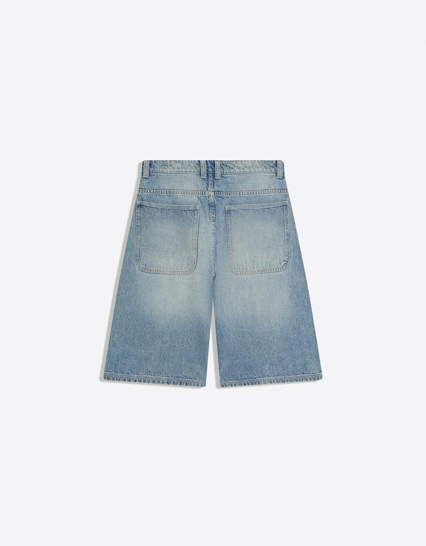 Calções bermuda barrel fit cruzados-Azul lavado