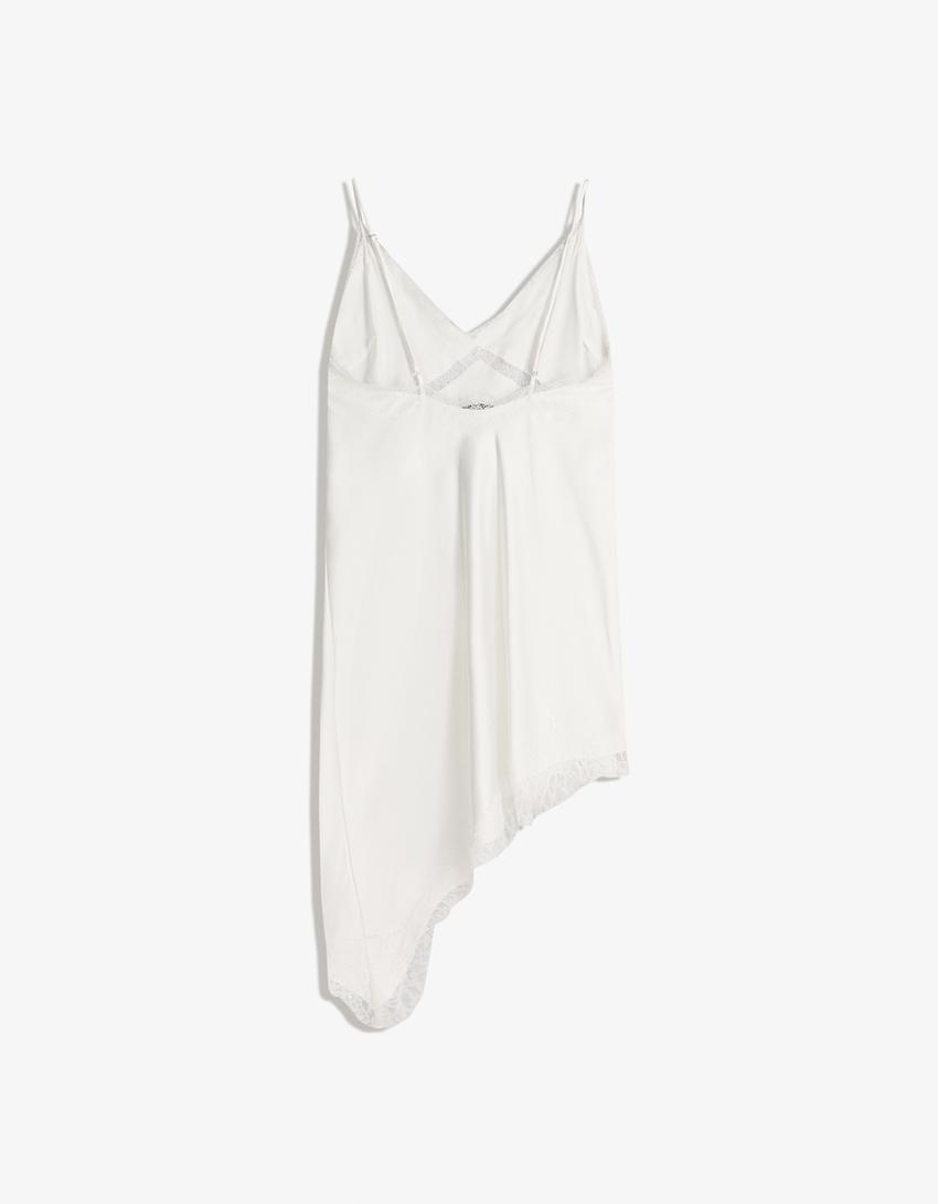Vestido tirantes satén asimétrico-Crudo