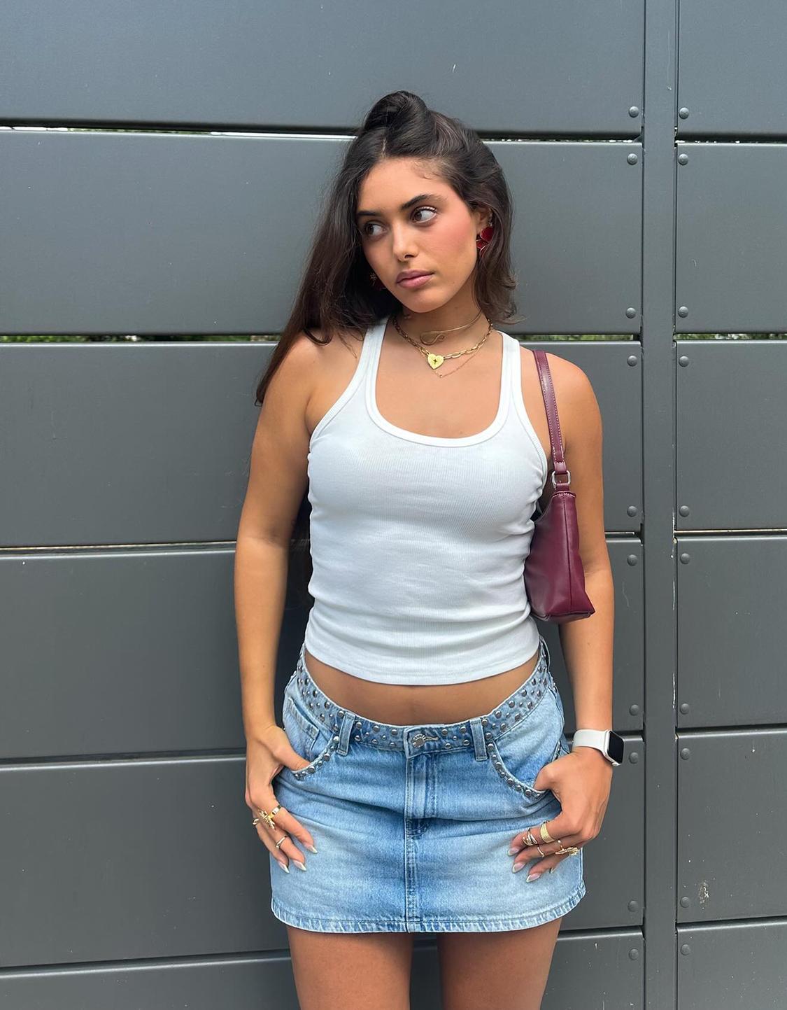 Studded denim mini skirt