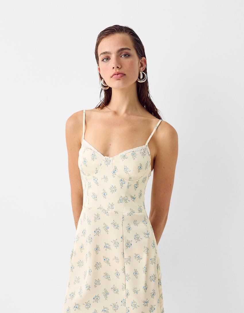 Satin midi dress with blonde lace detail-Yellow-1