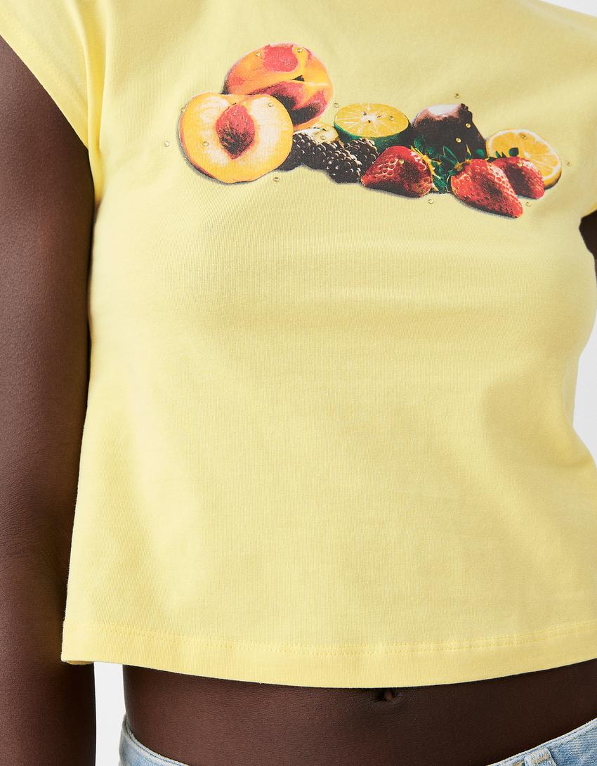 T-shirt manches courtes imprimé strass-Jaune-5