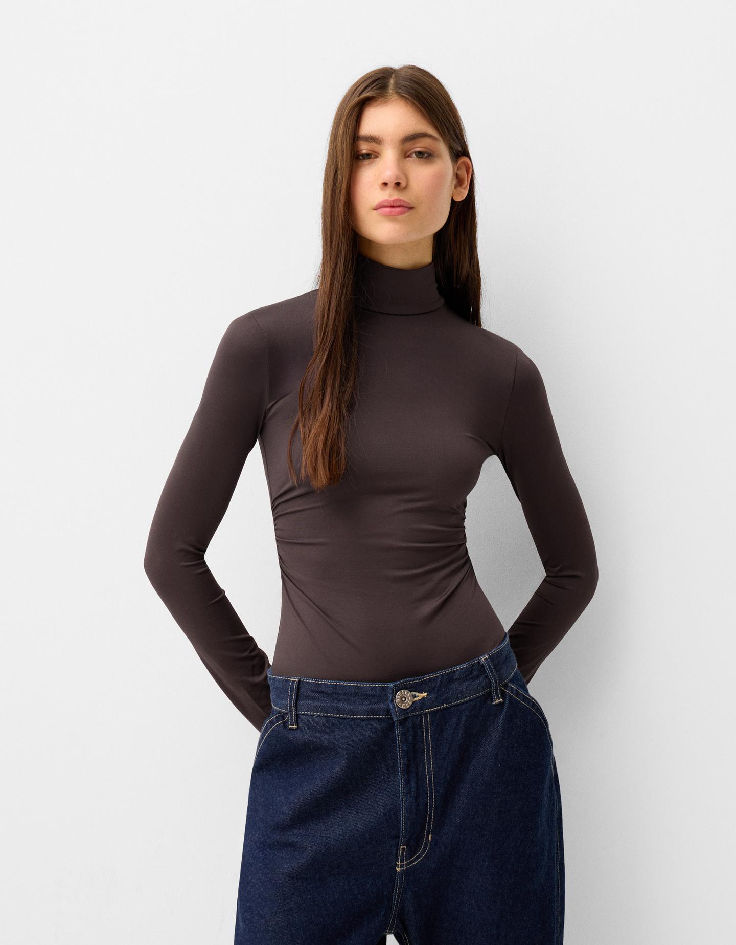 Bershka Body Manga Larga Cuello Alto Mujer L Marrón