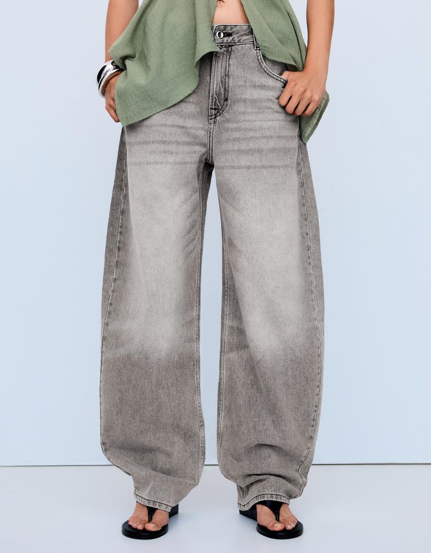 Jeans barrel pinggang tinggi-Abu-abu