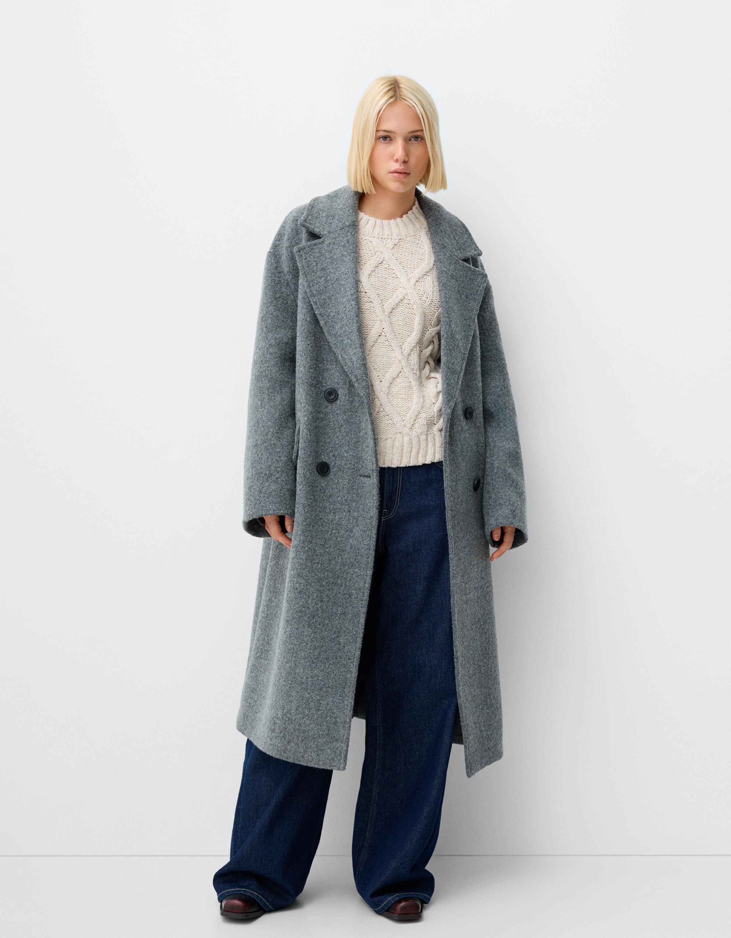 Bershka Langer Mantel Mit Fallender Schulternaht Damen L Grau