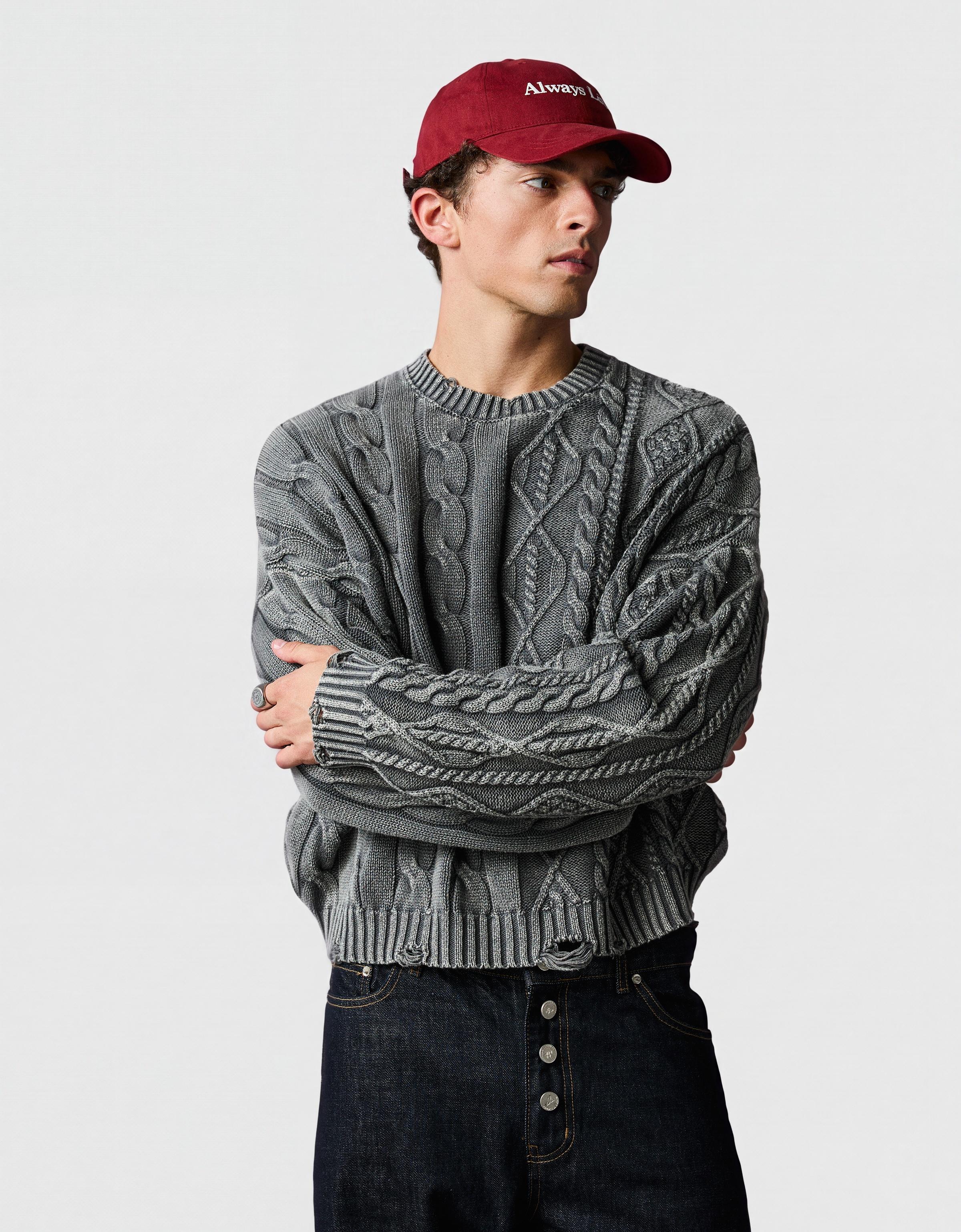 Washed-effect cable-knit jumper — Dark grey