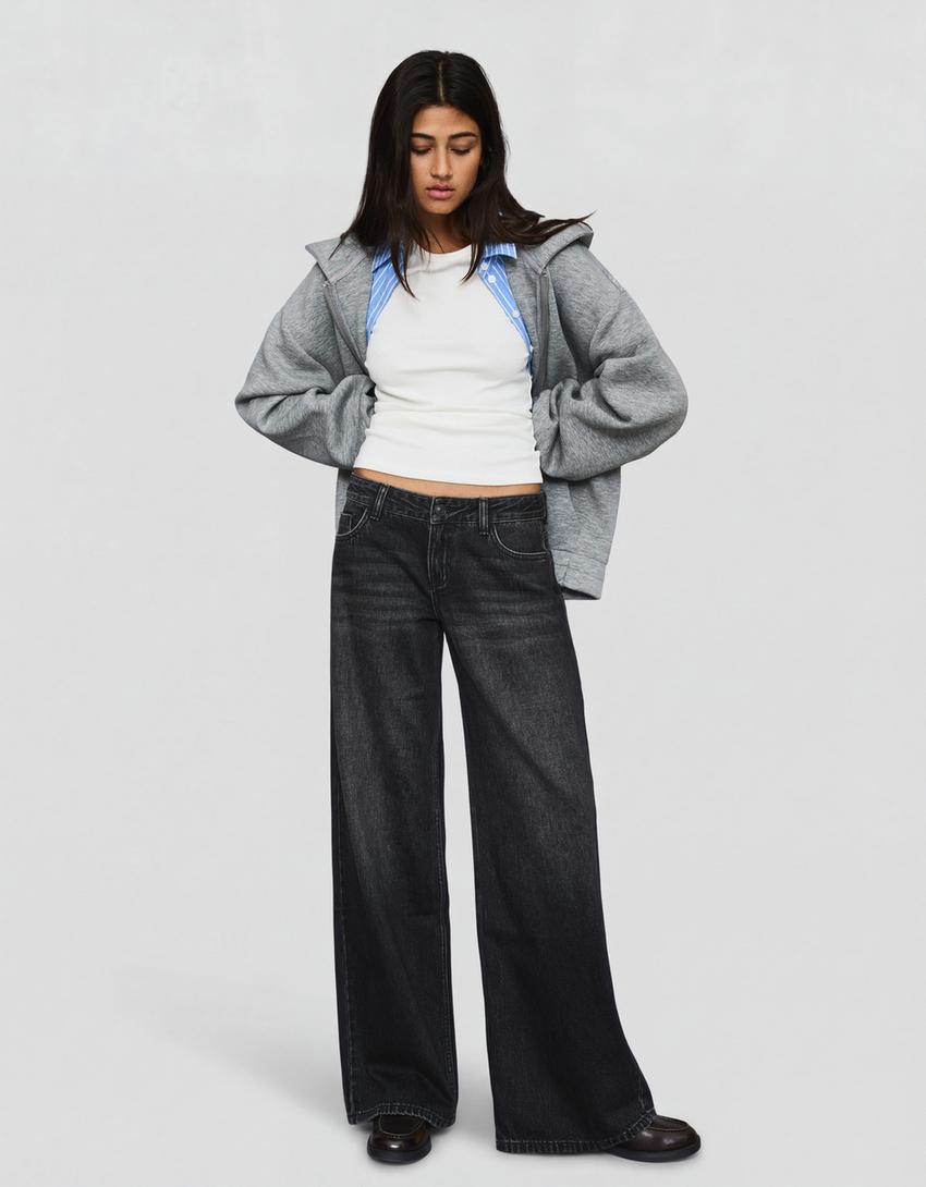 Jeans low-rise kaki lebar-Hitam