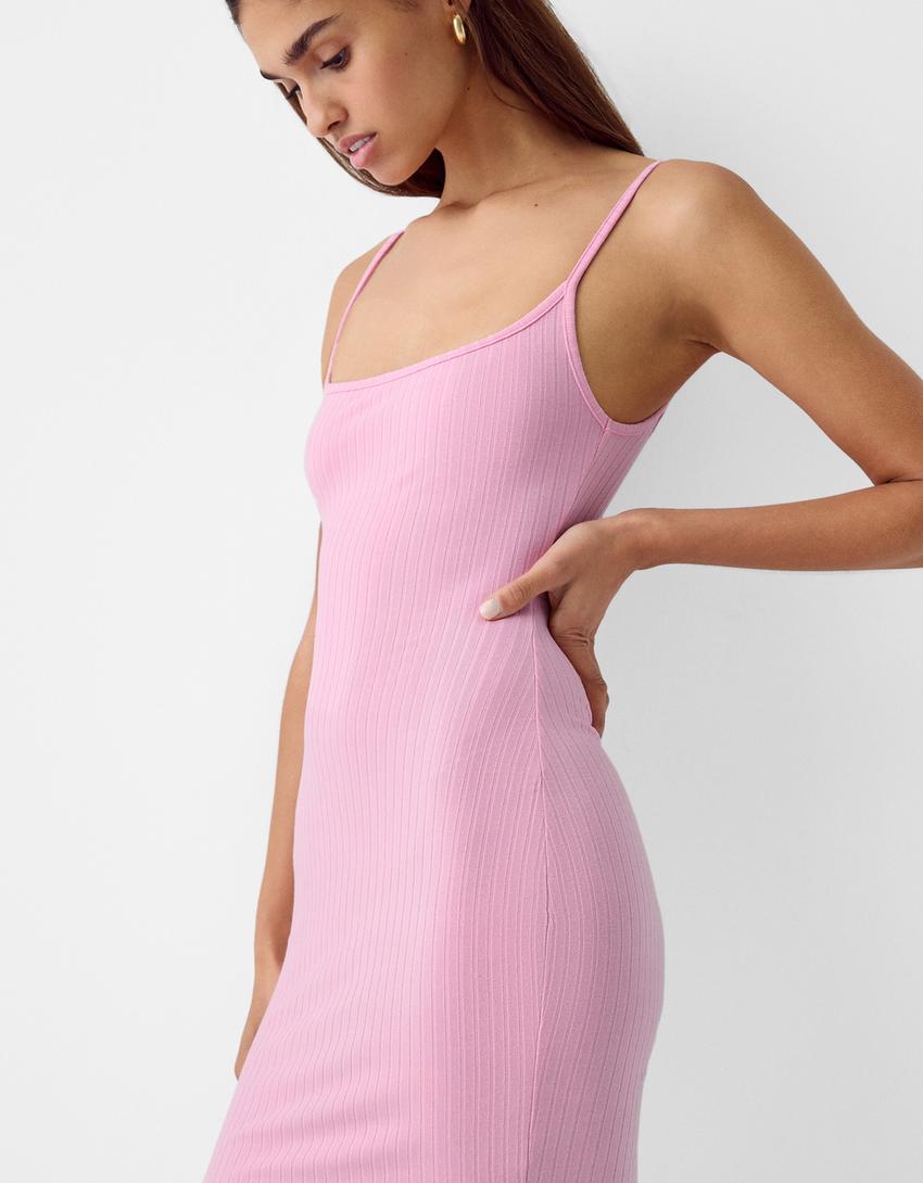 Mini-robe bretelles côtelée-Rose-3