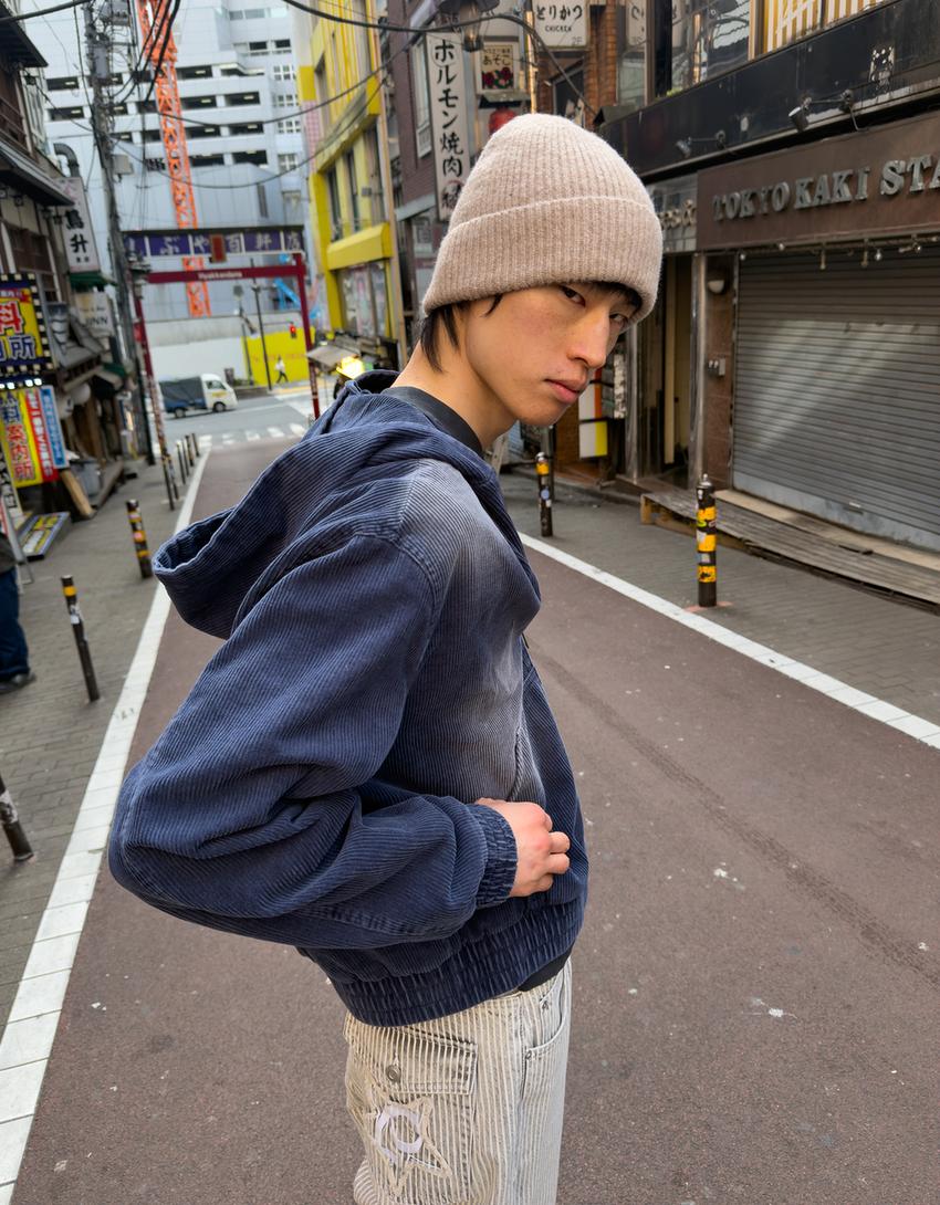 Boxy kurtka sztruksowa z kapturem-Ciemnoniebieski