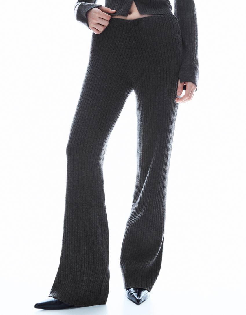 Ribbed cardigan and wide-leg trousers set-Ribbed cardigan and wide-leg trousers set