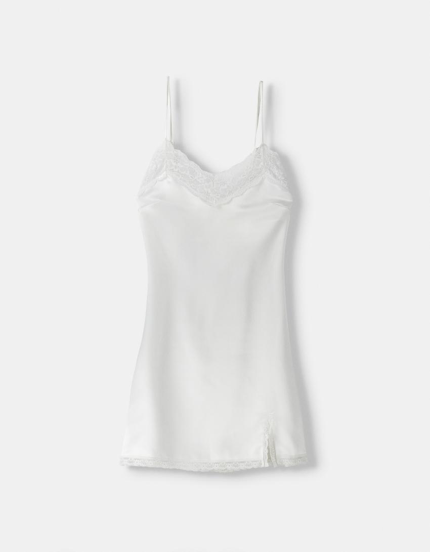 Vestido alças mini cetim pormenores renda-Gelo-5