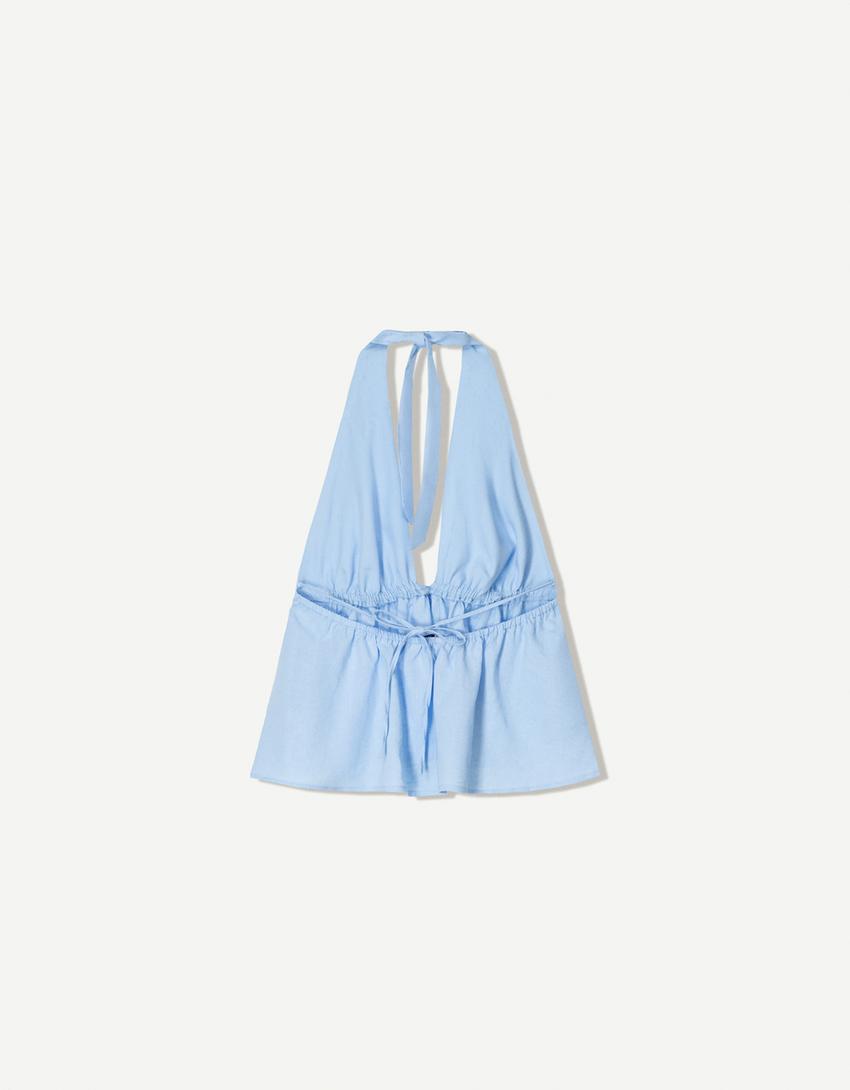 Linen blend halter top-Light blue