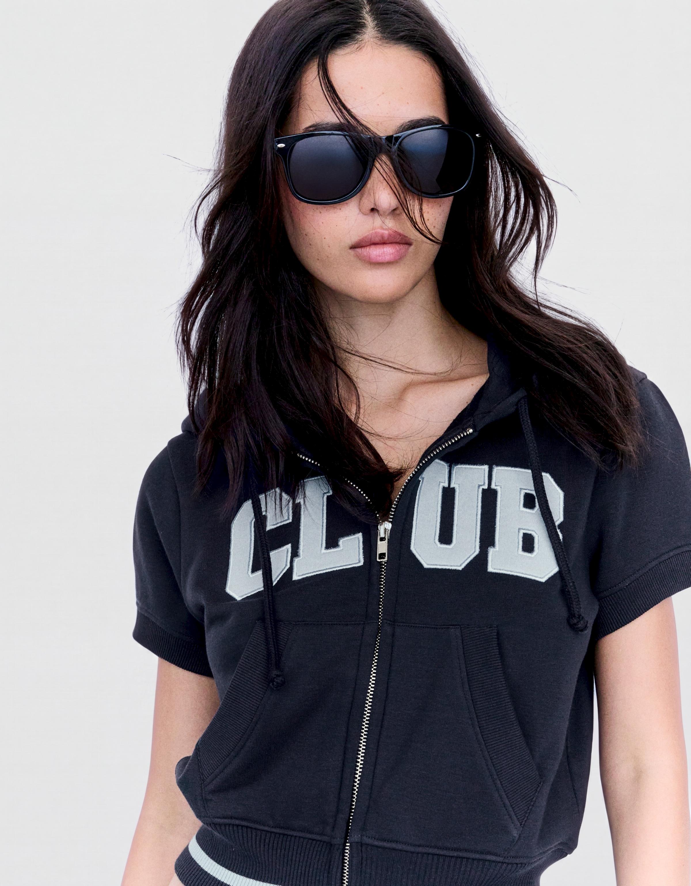 Short-sleeved hooded zip-up sweatshirt — Navy