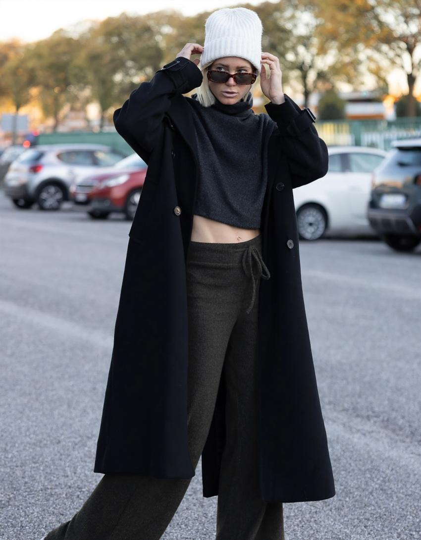 Soft ribbed wide-leg trousers-Dark grey