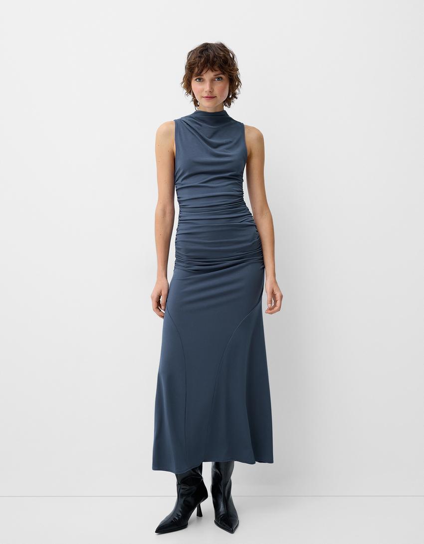 Robe midi froncée-Gris foncé-0