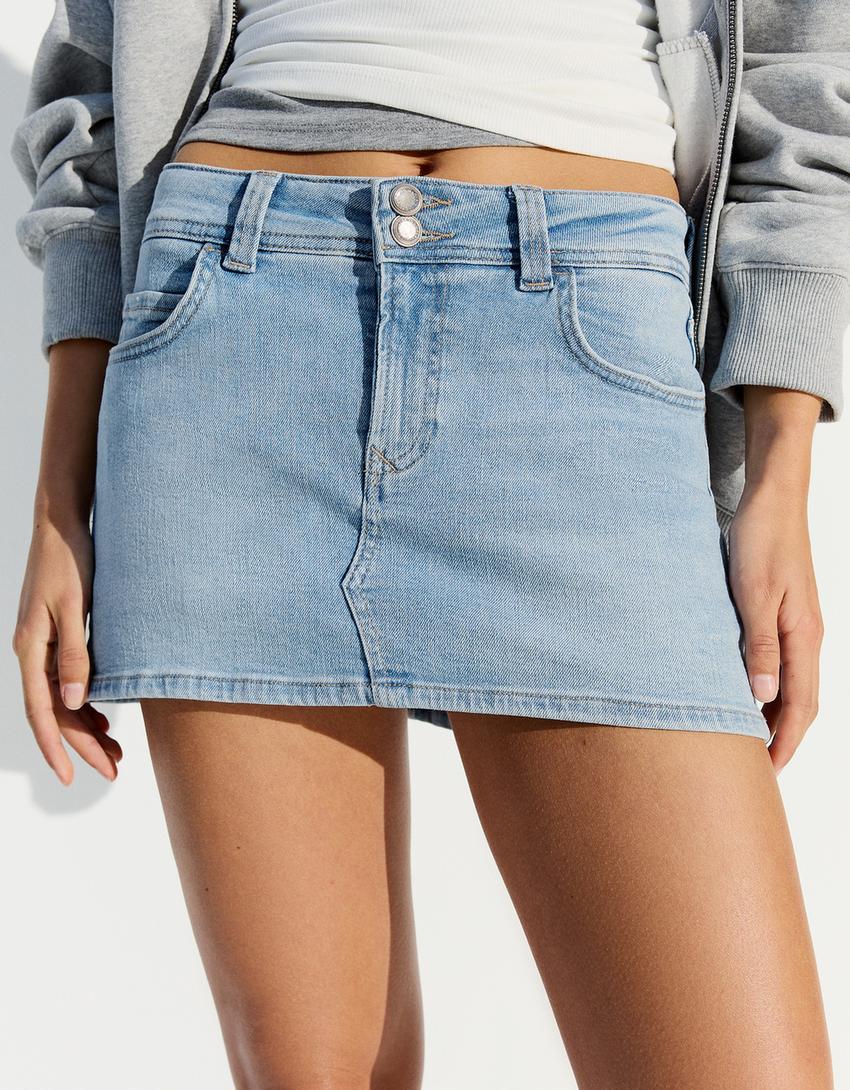 Falda pantalón denim mini elástico-Azul lavado