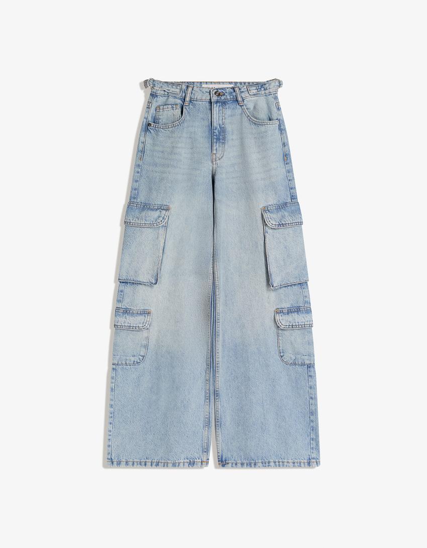Jeans wide leg cargo-Azul claro