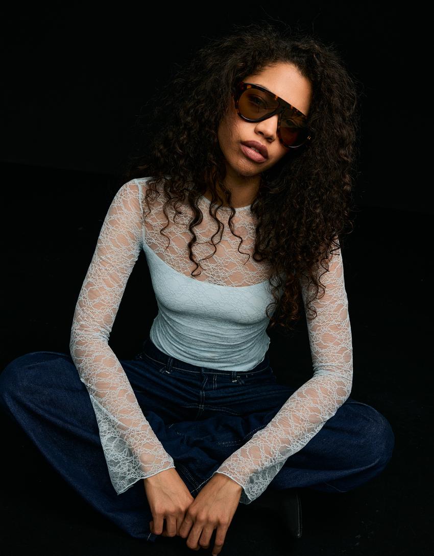 Krajkové tričko s dlouhým rukávem-Modrá