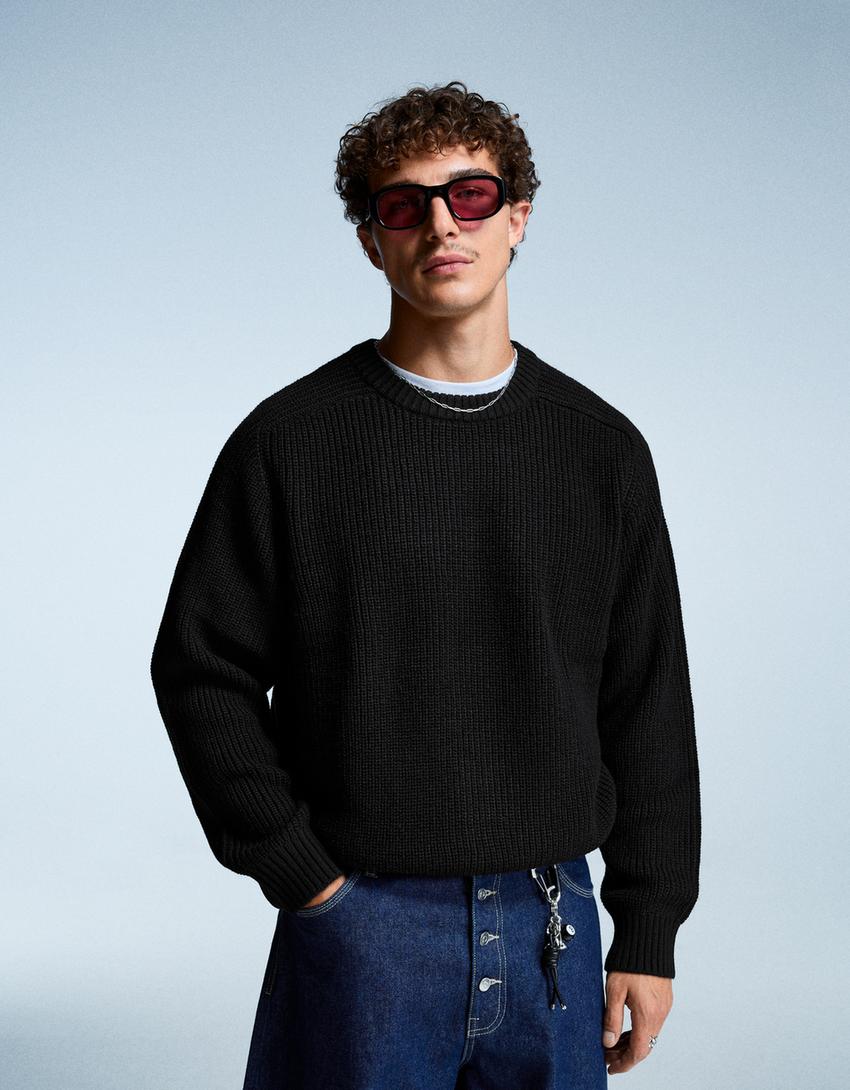 Pull en maille à côtes perlées avec laine-Noir-0