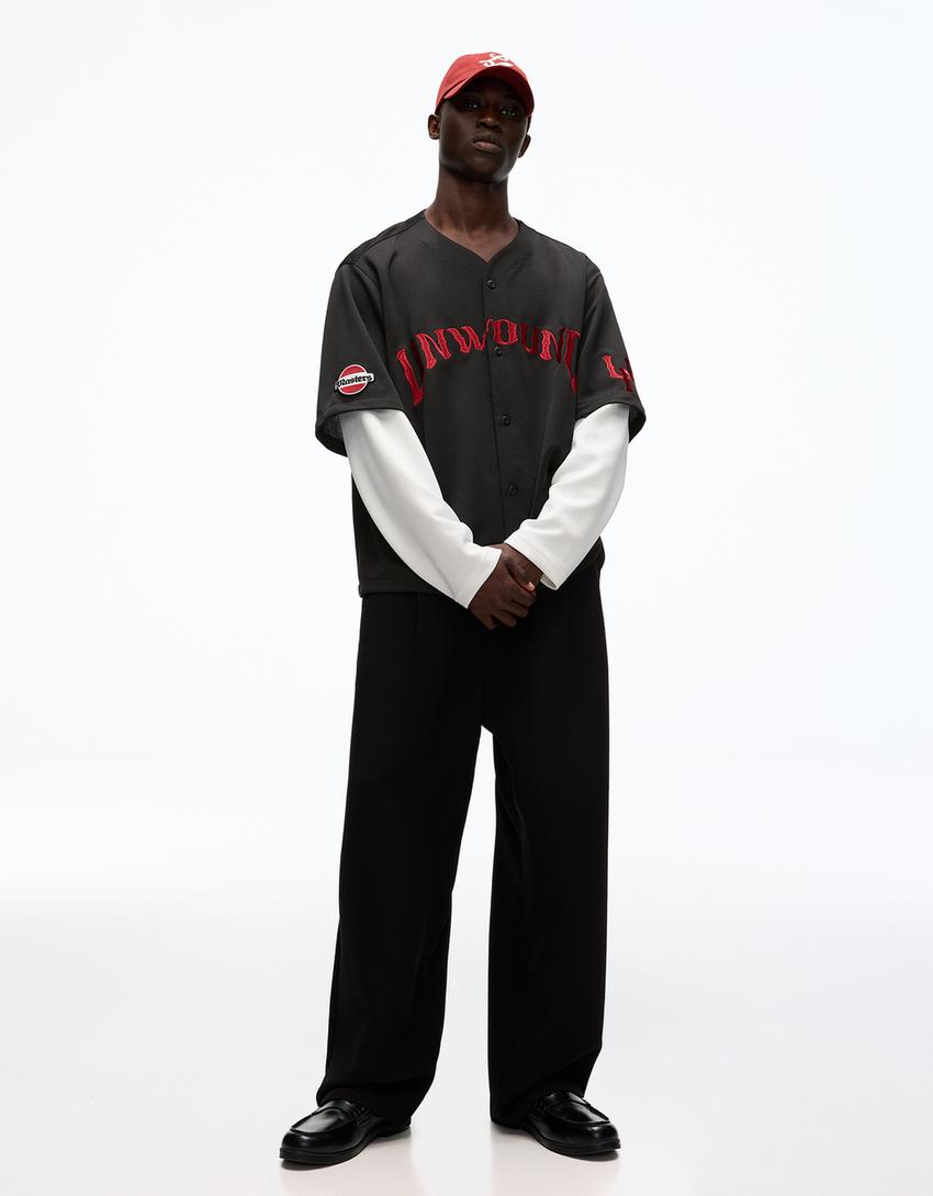 Embroidered double sleeve boxy shirt-Black