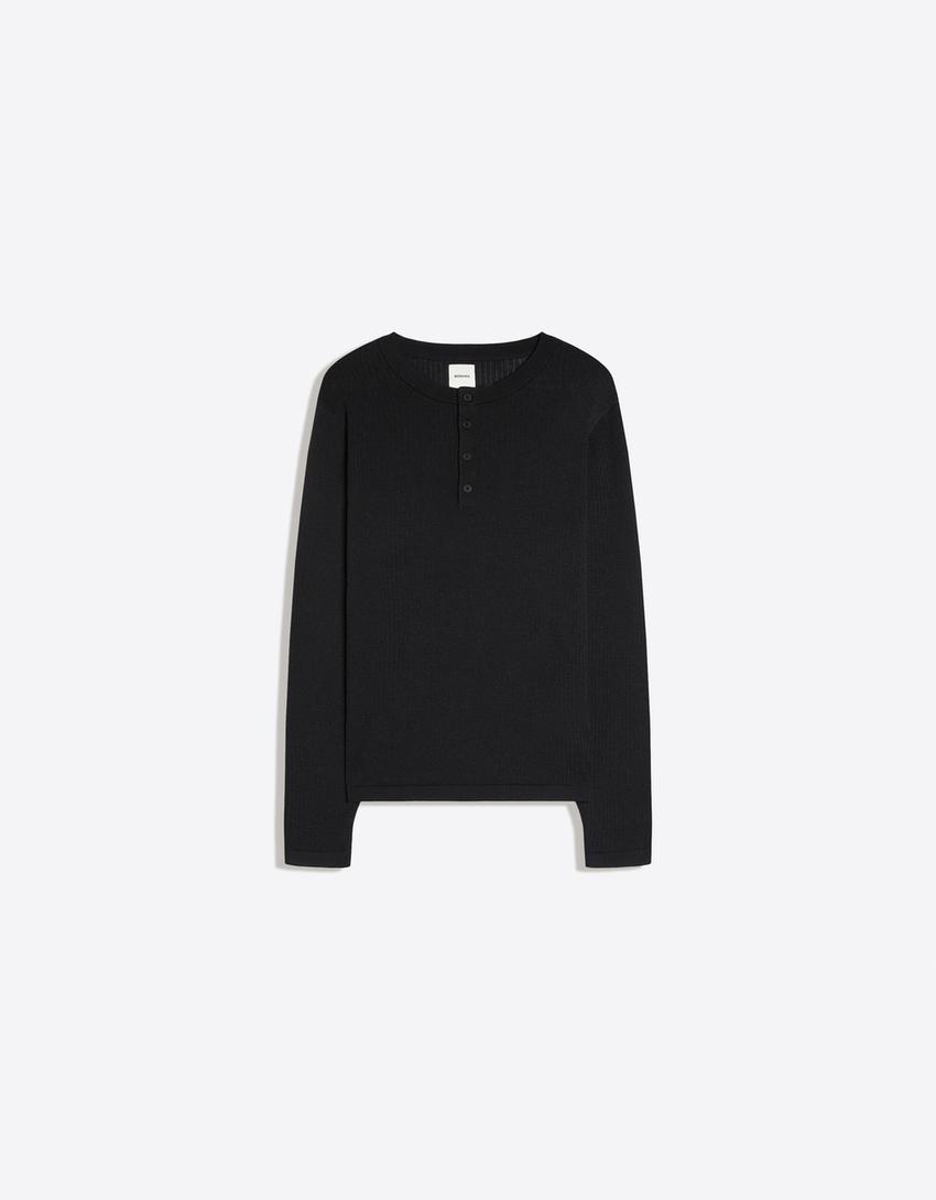 Maglia in maglia con collo a serafino-Nero