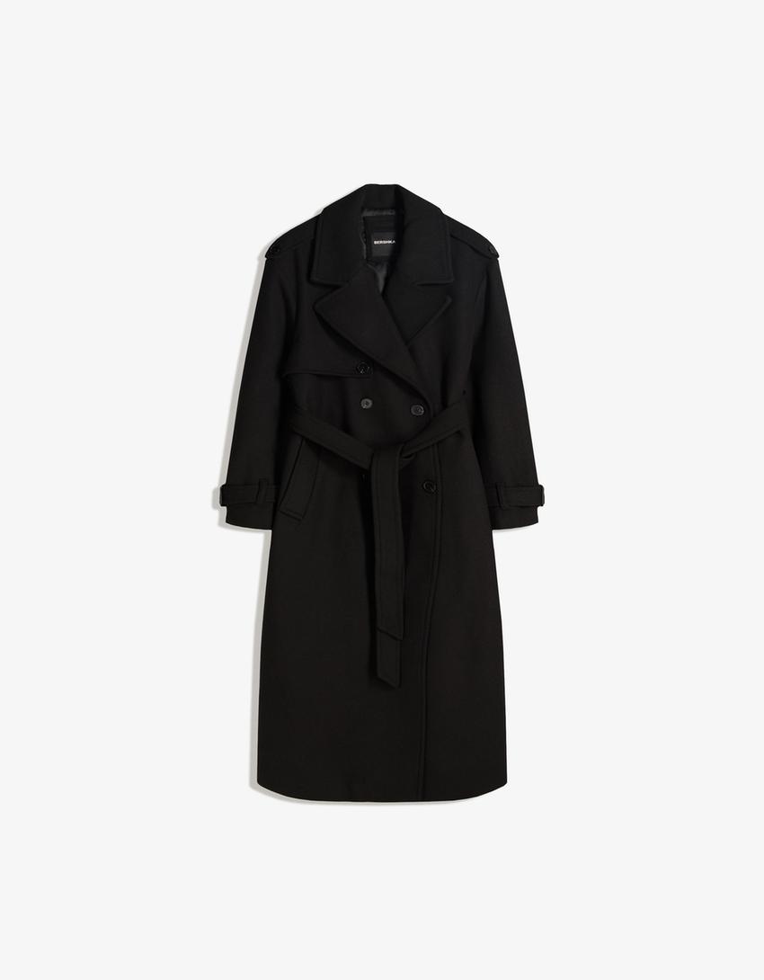 Sobretudo trench com lã oversize-Preto