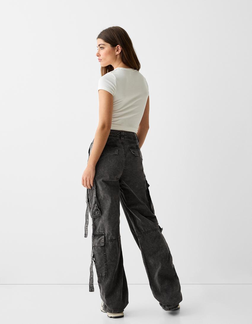 Cotton cargo trousers with straps-Grey