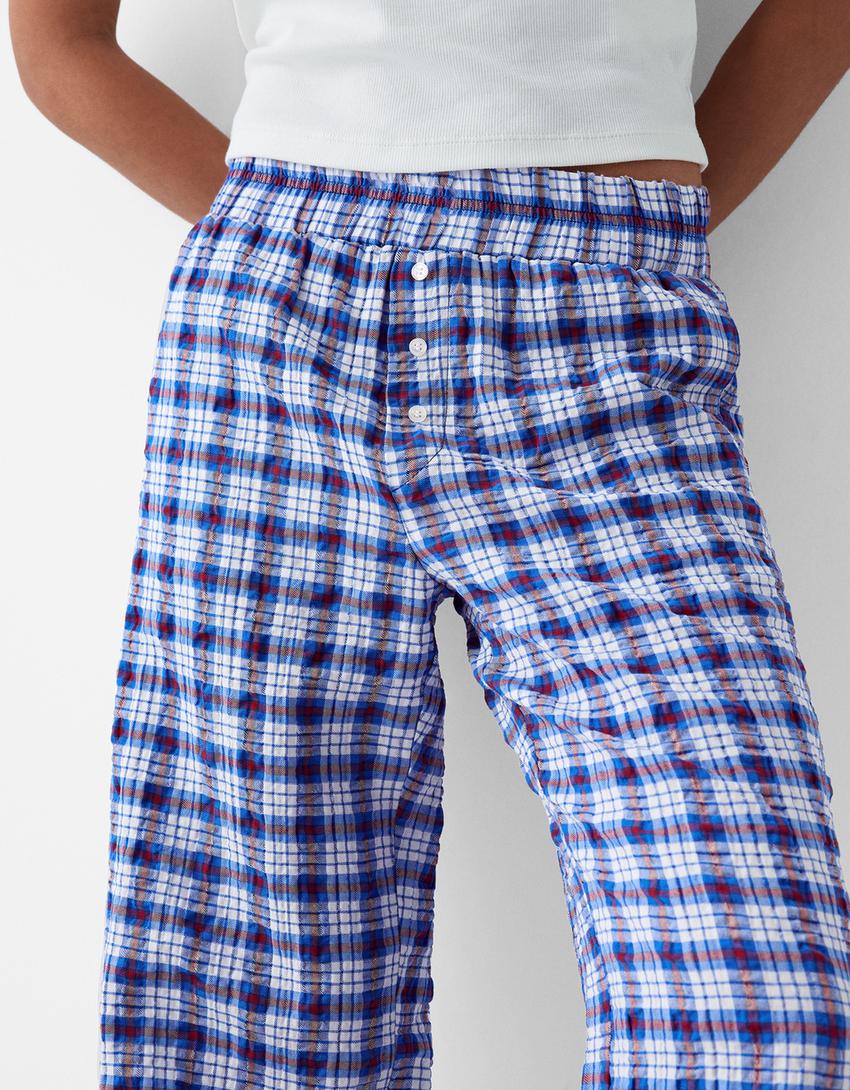 Check wide-leg trousers-Blue-4