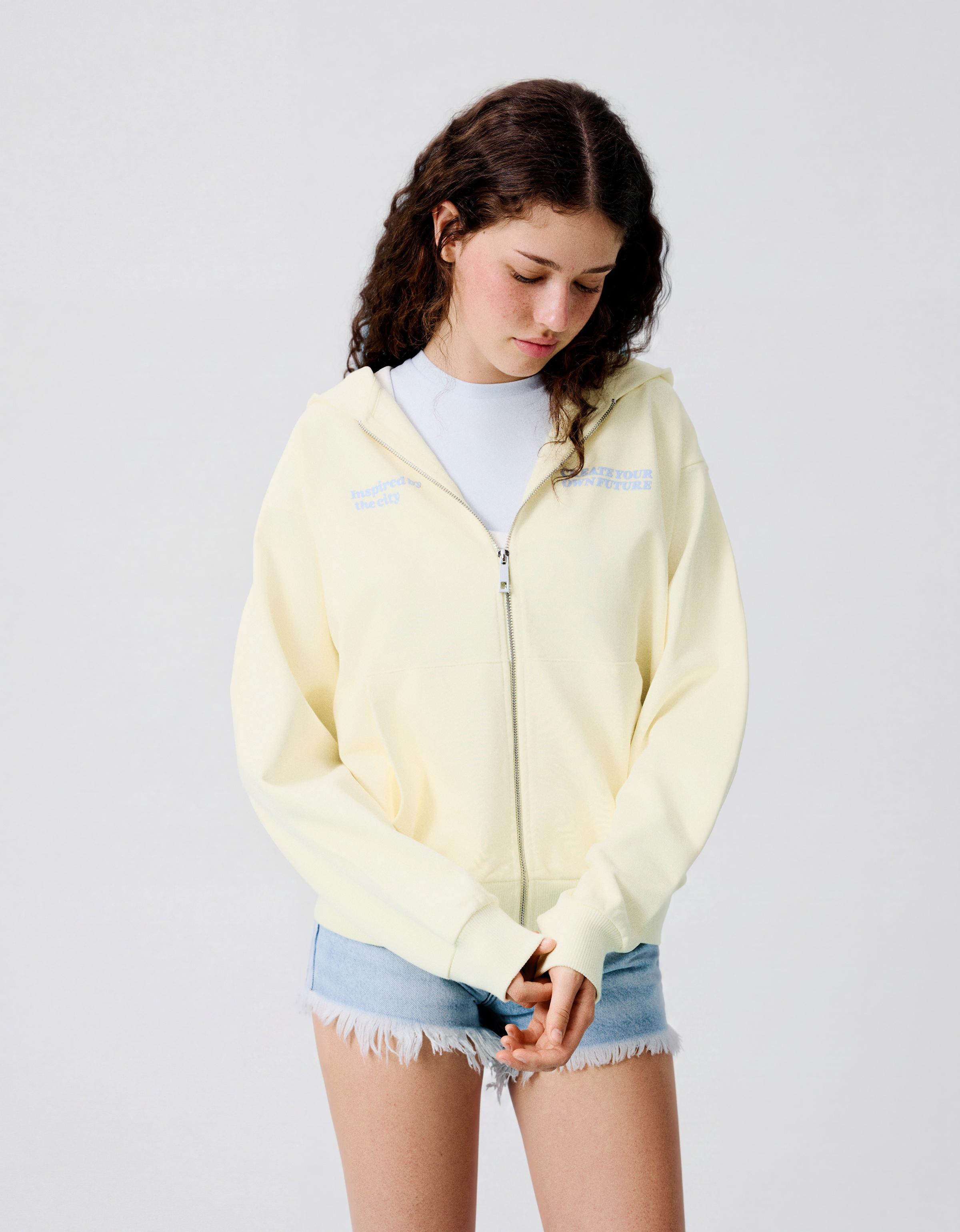 Oversize zip-up hoody with print — Yellow
