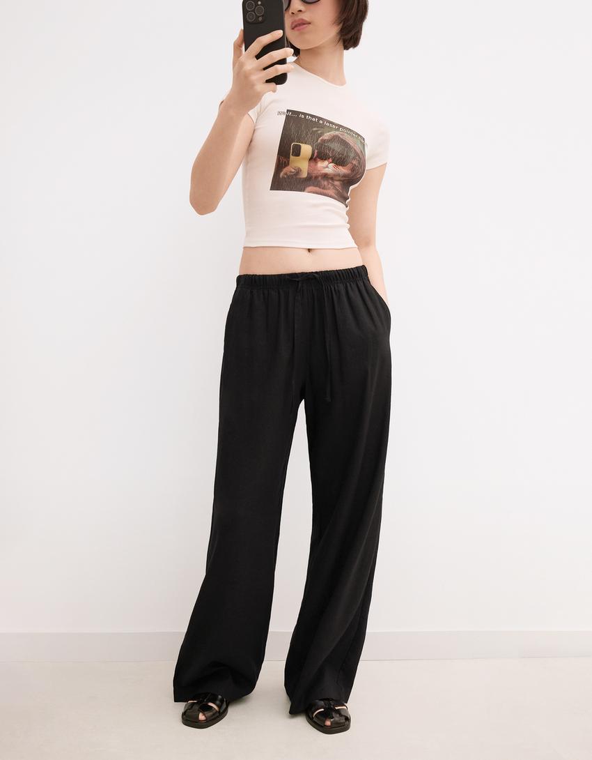 Linen blend trousers with an elasticated waistband-Black