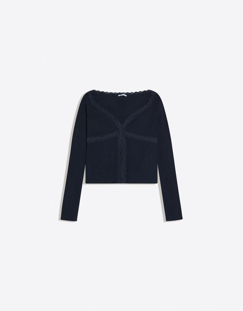 Shirt mit Spitzenstrick-Marinenblau