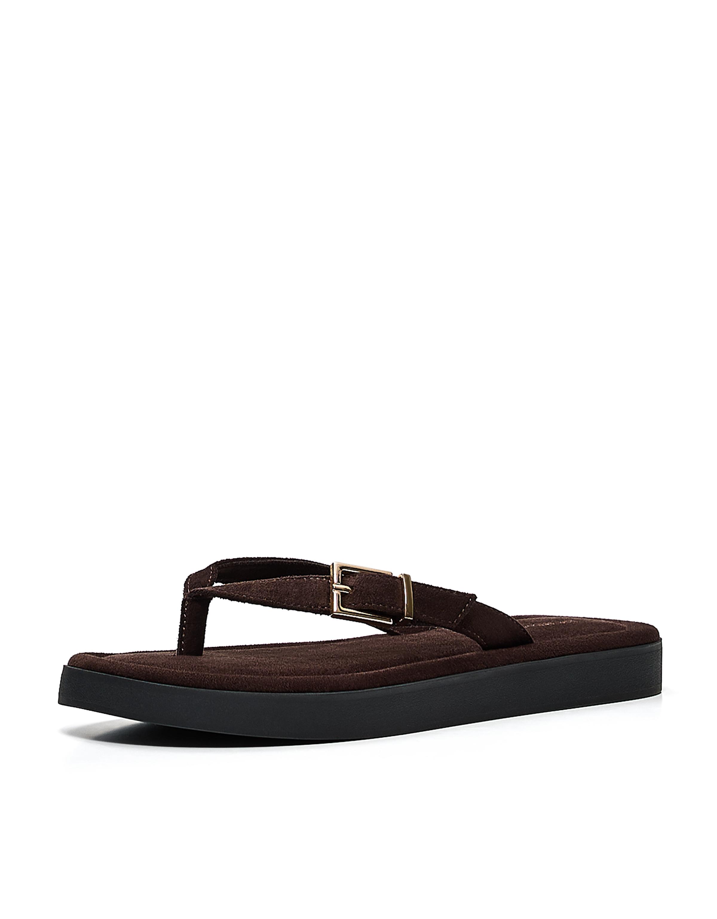 Flat thong sandals with buckle — Brown