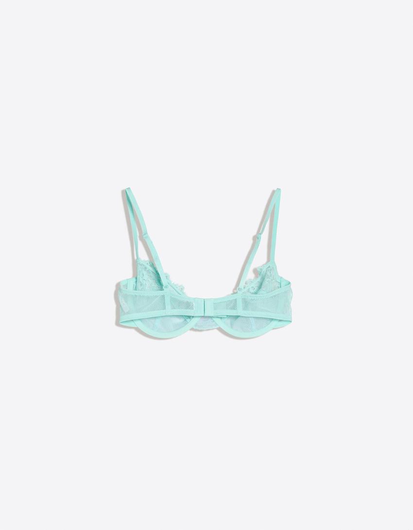 Mesh and lace bra with underwire-Turquoise
