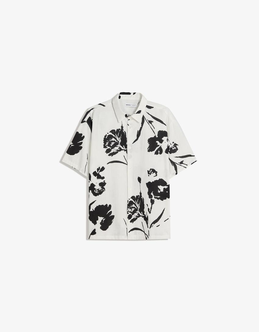Chemise à manches courtes rustique imprimée-Écru