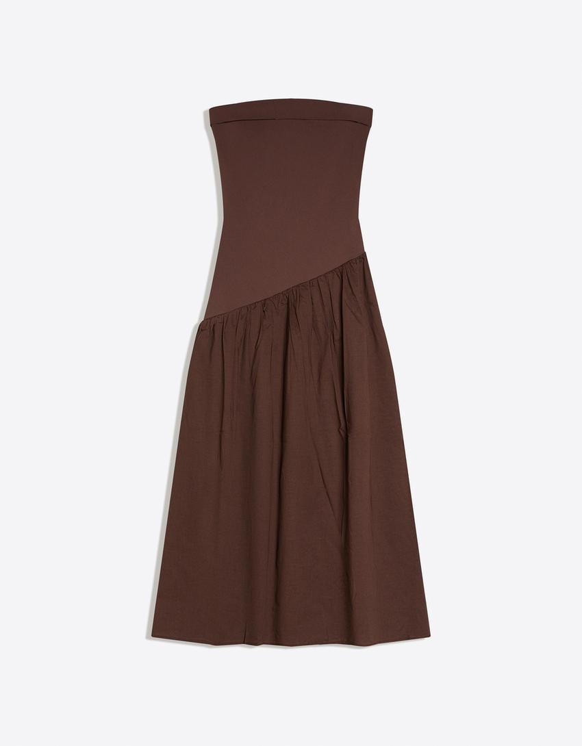 فستان ميدي بدون حمالات-بني