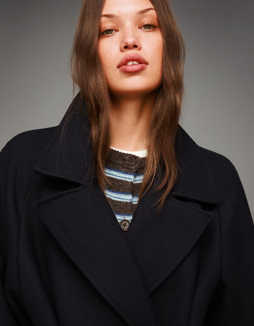 Oversize wool blend coat with belt-Navy