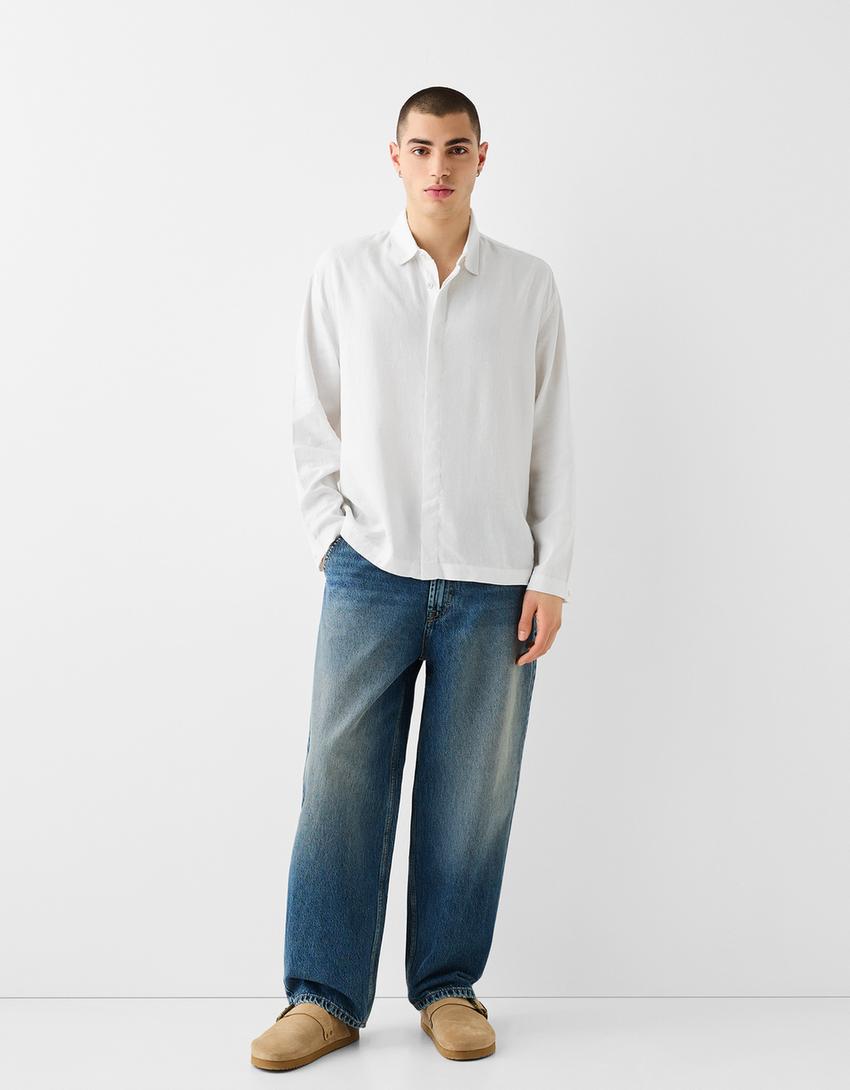Chemise manches longues loose fit lin-Blanc-3