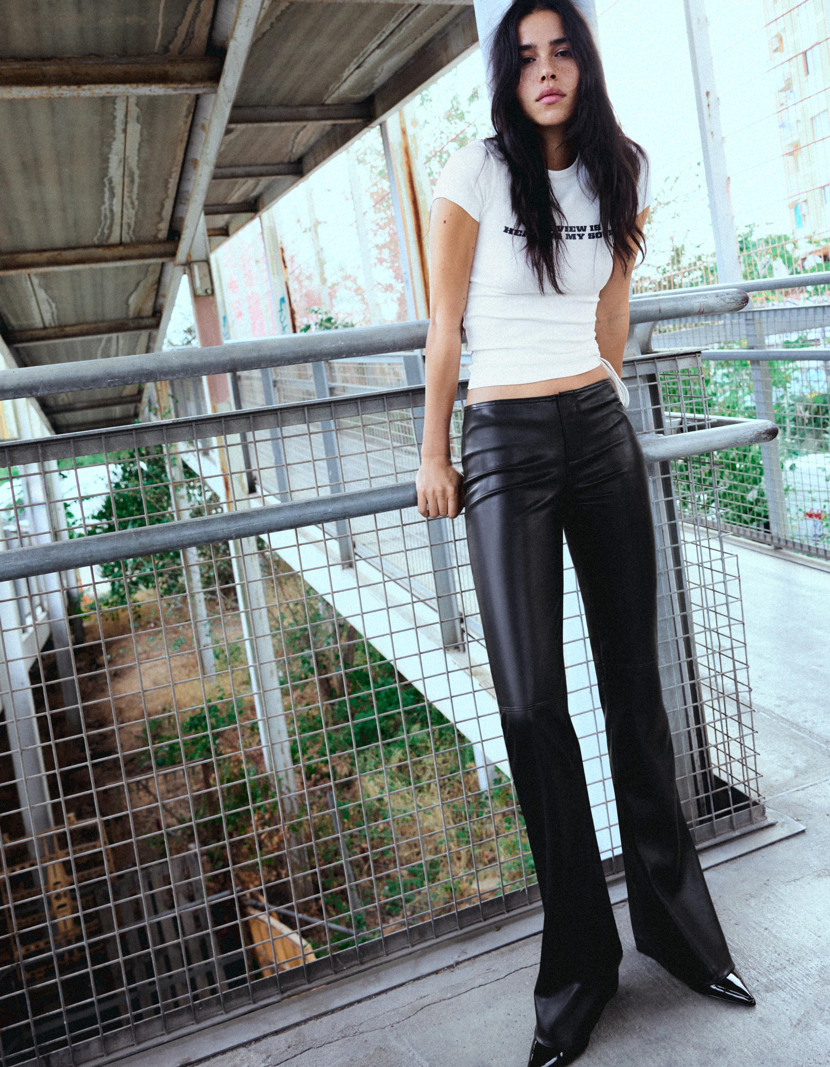 Bershka Plain-Waist Leather-Effect Slim Trousers Women 06 Black