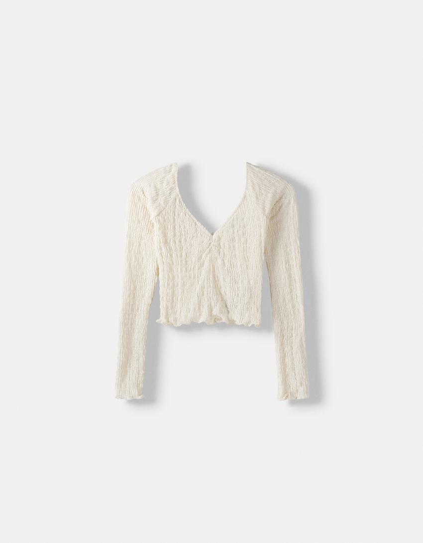 Pull col V gaufré-Écru-4