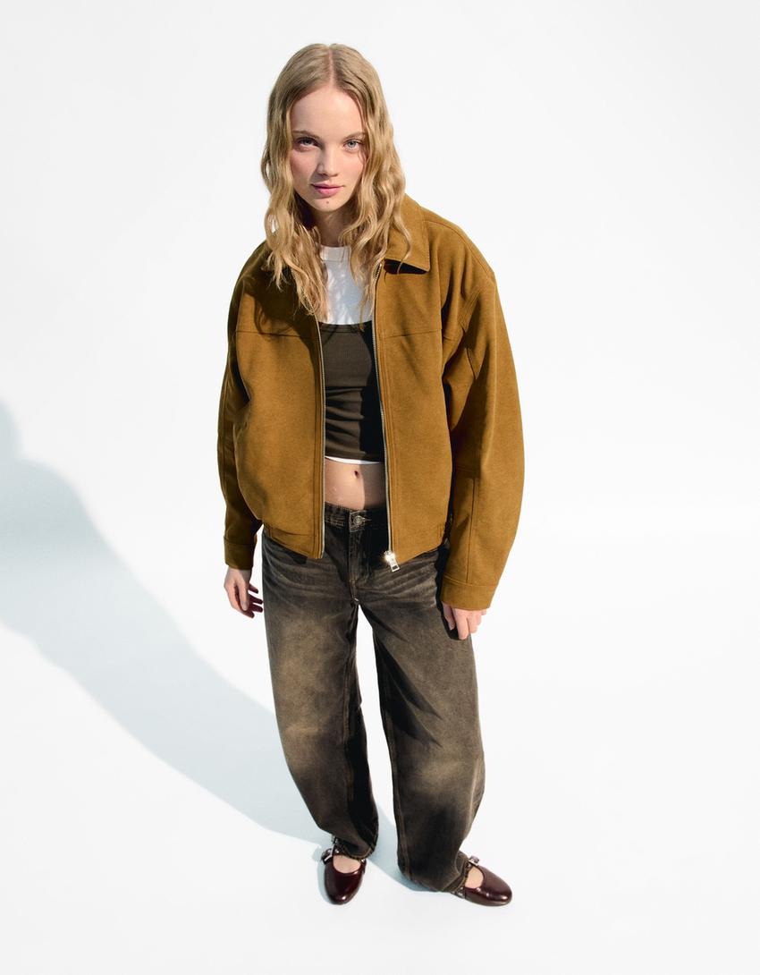 Faux suede trucker jacket-Light Brown-5