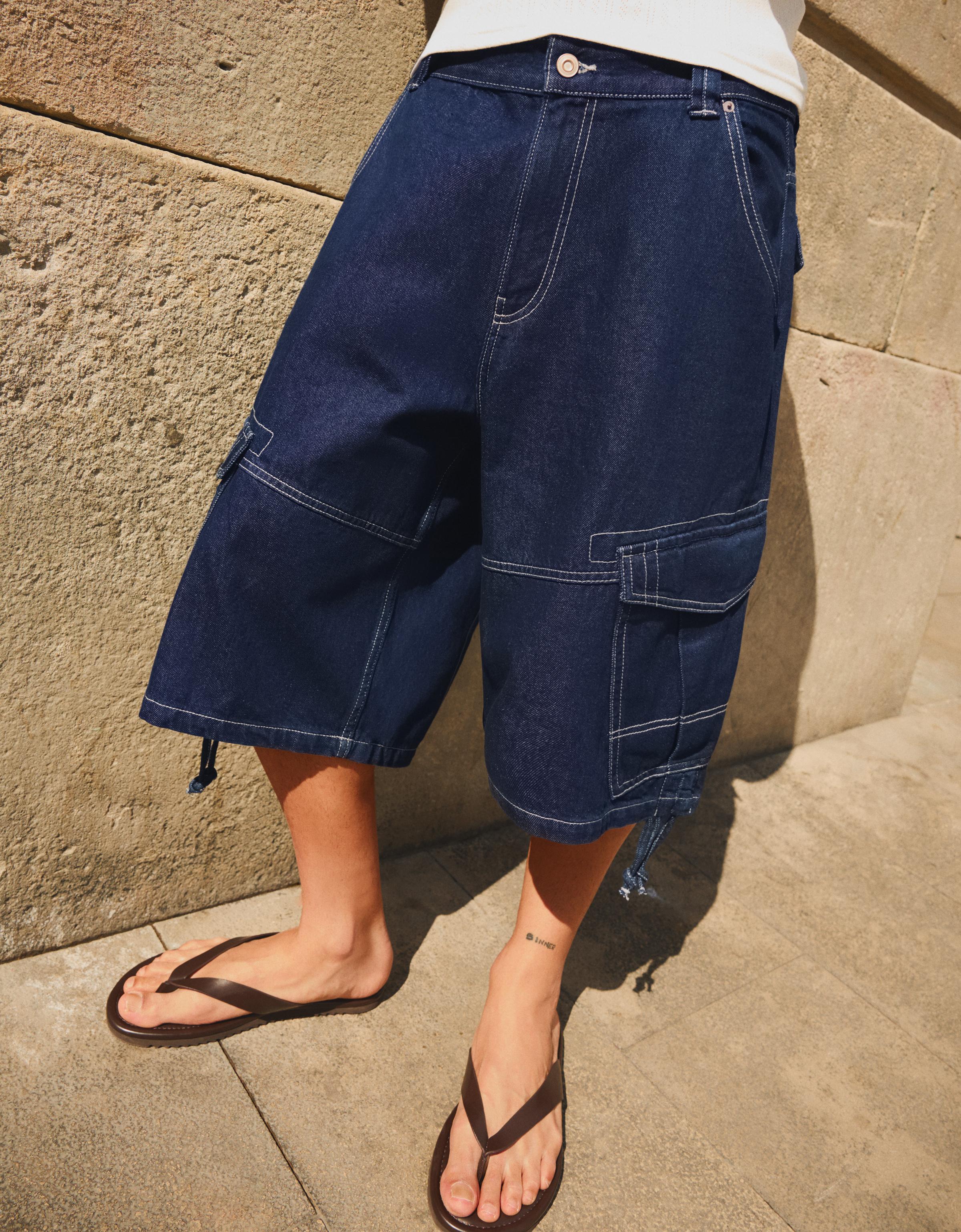 Bershka Kargo paraşüt denim bermuda görsel 8