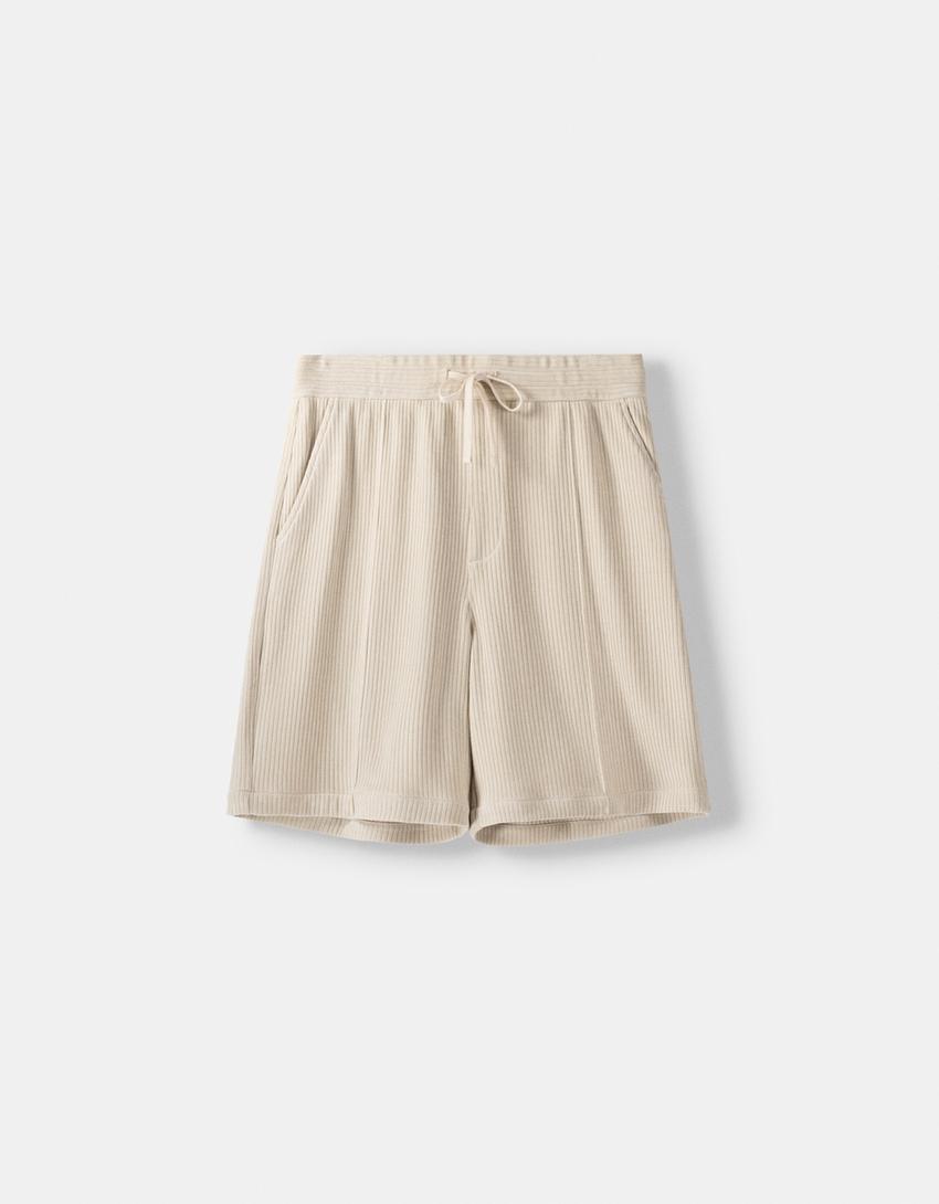 Loose fit chenille Bermuda shorts-Sand-4
