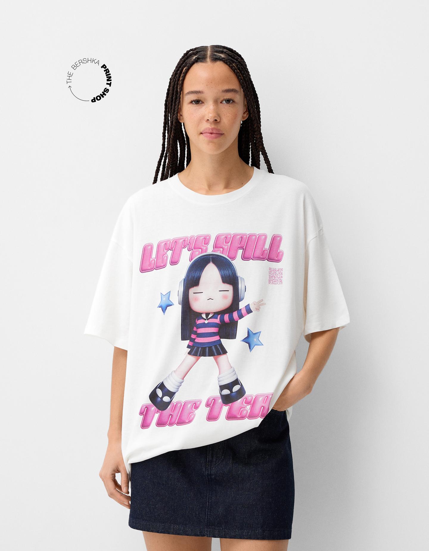 Bershka Camiseta Bershka Wearable Art Manga Corta Oversize Mujer S Blanco Roto