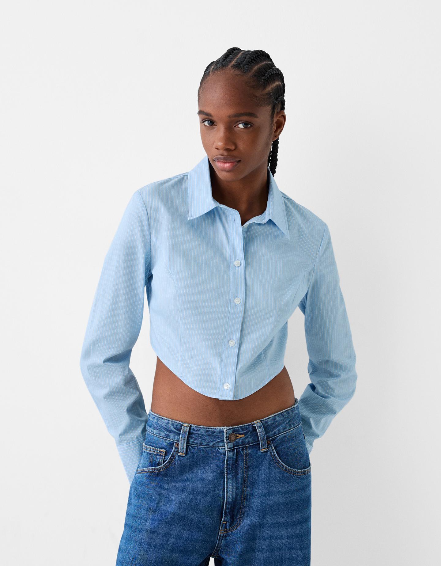 Bershka Camicia Attillata A Maniche Lunghe A Righe Donna S Azzurro