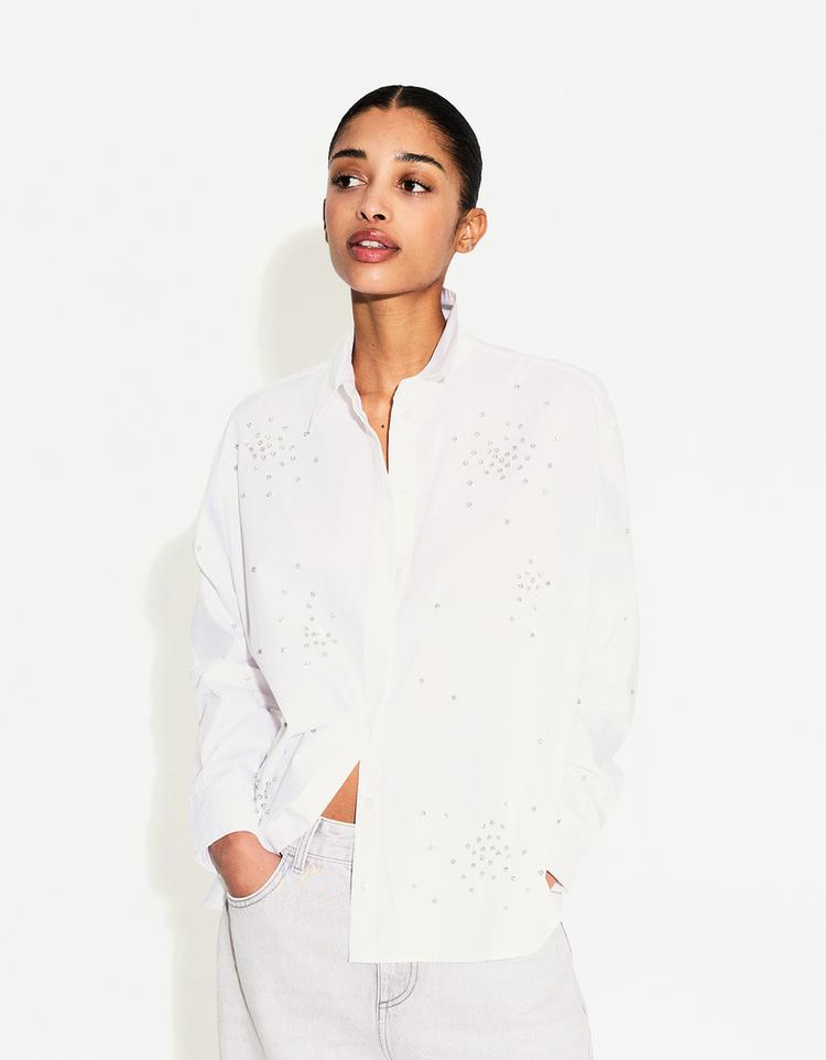 Poplin shirt with rhinestones