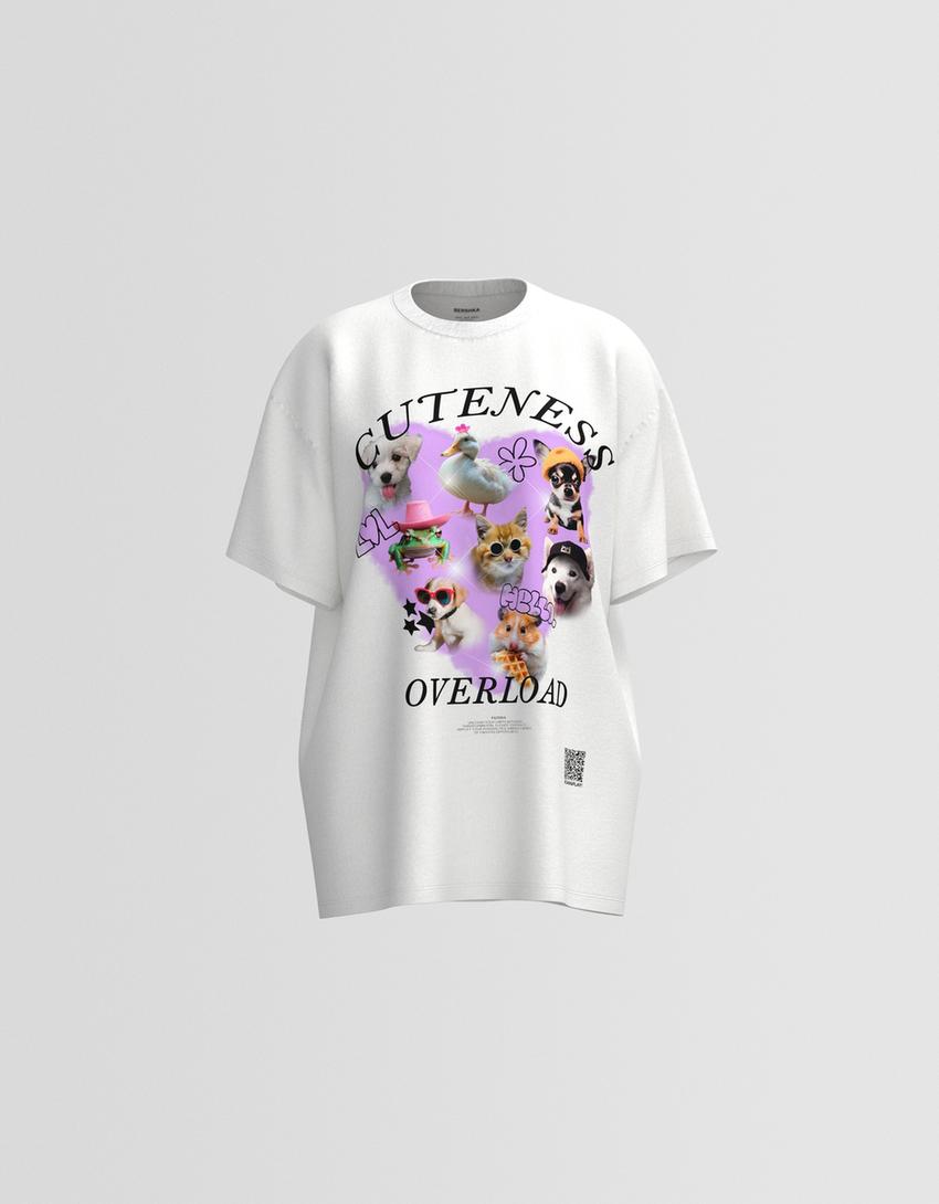 T-shirt Bershka Wearable Art oversize fit com estampado-Gelo-5