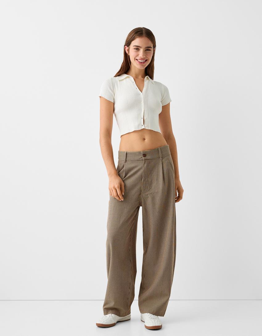 Pantalon tailoring imprimé pied de poule-Marron-4