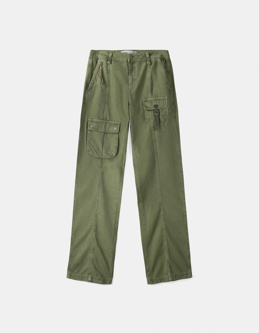 Low-waist cotton cargo pants with strap-Khaki-4