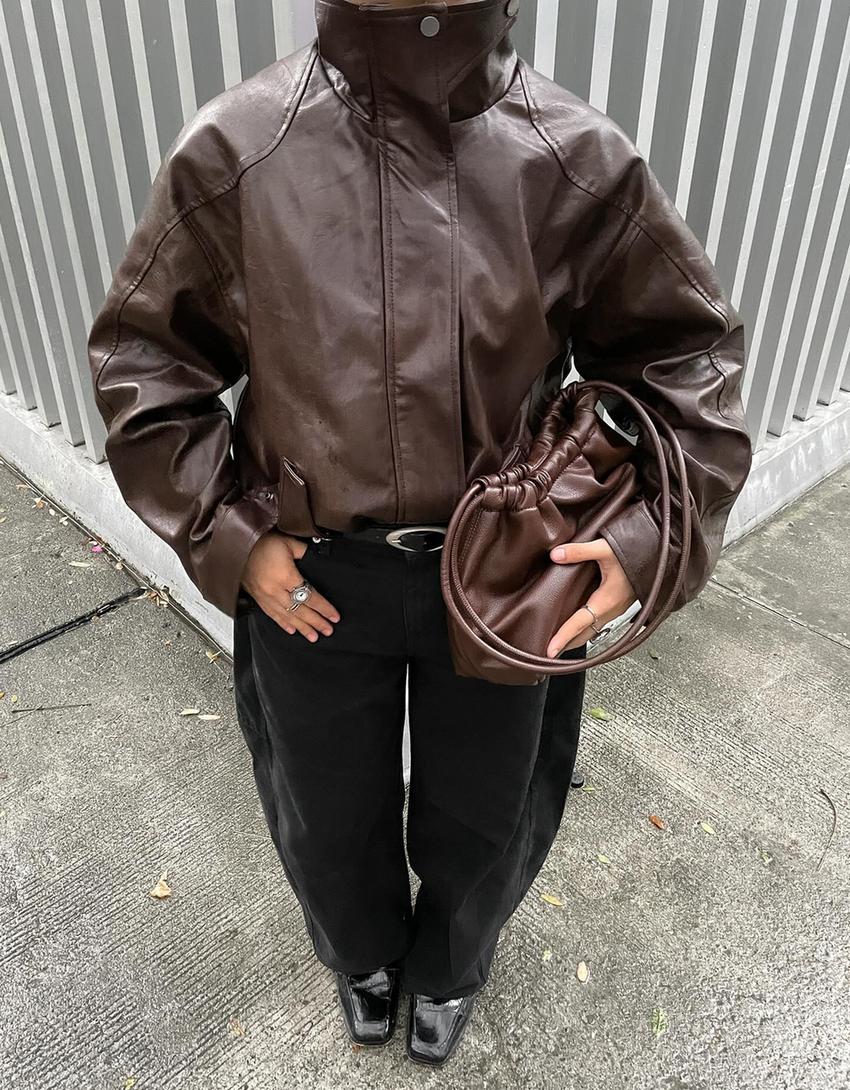 Oversize leather effect jacket-Brown