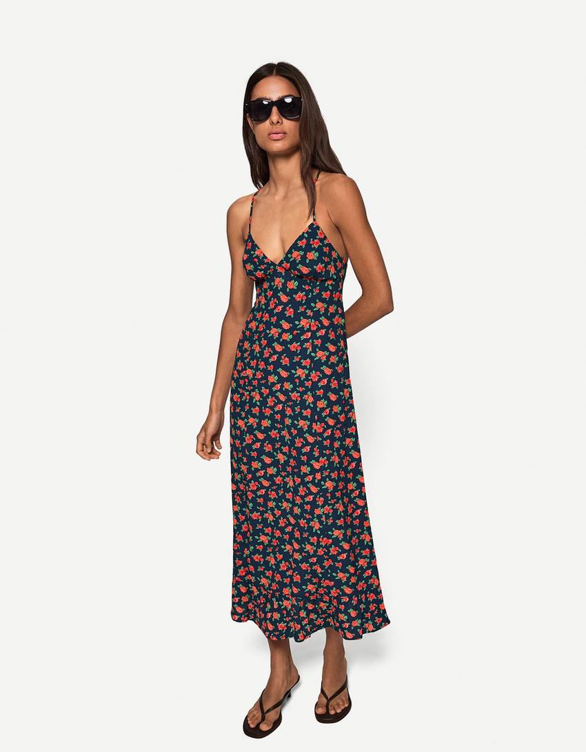 Printed strappy midi dress-Blue